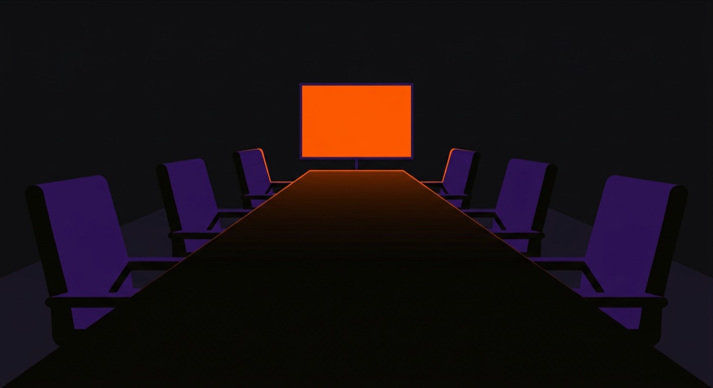 A boardroom table in sharp perspective with a single slide at its head