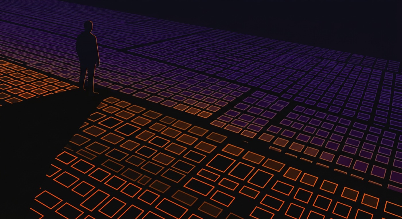 A figure on a rise looking out over a vast field of glowing slides