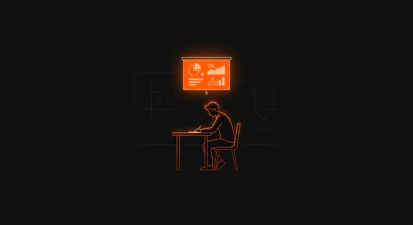 A lone figure at a desk under orange rim light, one slide in front of them